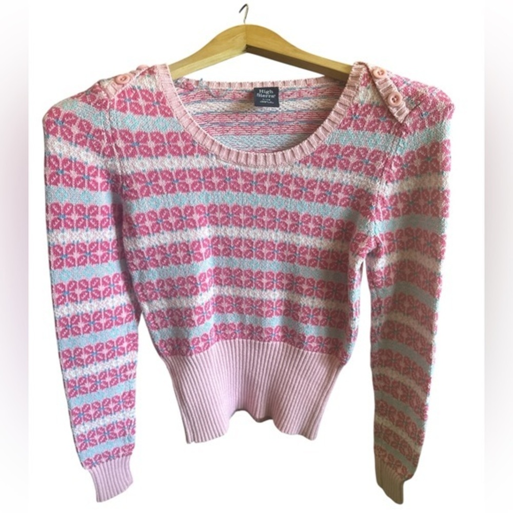 High Sierra Pink Patterned Crewneck Sweater with Button Shoulder Pink & Blue